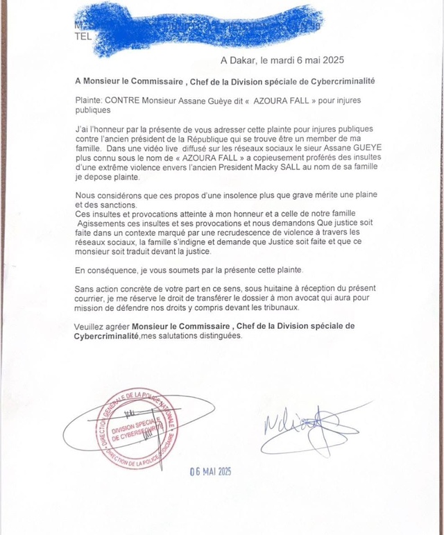 Document- Injures publiques à l’endroit de Macky Sall : Une plainte déposée à la cybercriminalité contre Azoura Fall Document- Injures publiques à l’endroit de Macky Sall : Une plainte déposée à la cybercriminalité contre Azoura Fall