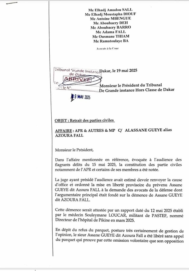 Démence d'Azoura Fall attestée par un médecin militant de Pastef : Les parties civiles choisissent le désistement