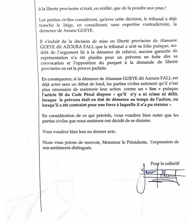 Démence d'Azoura Fall attestée par un médecin militant de Pastef : Les parties civiles choisissent le désistement