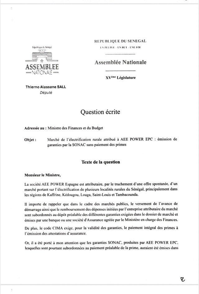 Affaire ASER-AEE PowerEPC : Thierno Alassane Sall adresse une question écrite au ministre des finances et du budget Affaire ASER-AEE PowerEPC : Thierno Alassane Sall adresse une question écrite au ministre des finances et du budget