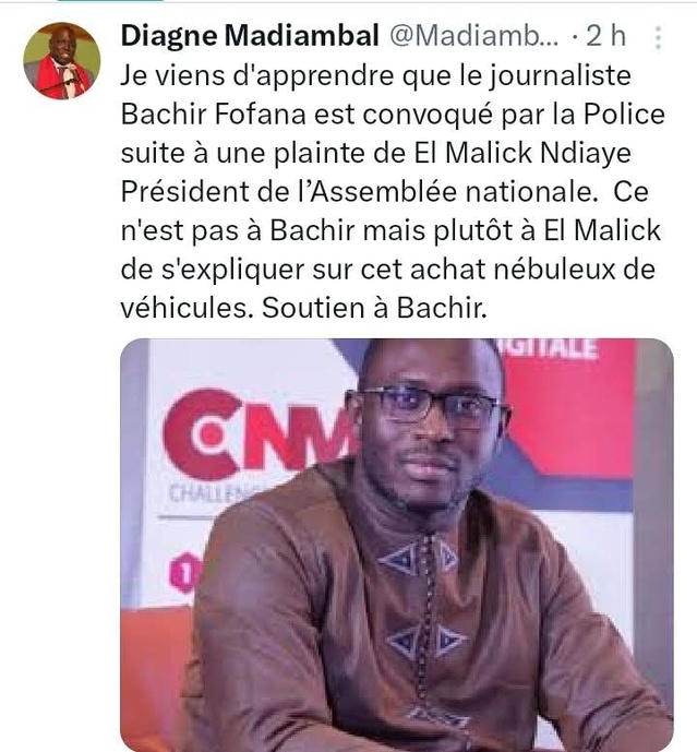 Madiambal Diagne: "Ce n'est pas à Bachir mais plutôt El Malick Ndiaye de s'expliquer sur cet achat nébuleux de véhicules " Madiambal Diagne: "Ce n'est pas à Bachir mais plutôt El Malick Ndiaye de s'expliquer sur cet achat nébuleux de véhicules "