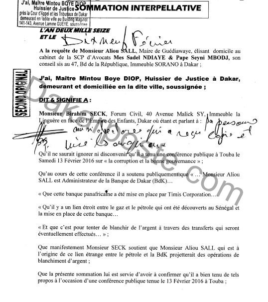Birahim Seck veut-il se débiner suite à la sommation interpellative d'Aliou Sall? (documents) Birahim Seck veut-il se débiner suite à la sommation interpellative d'Aliou Sall? (documents)