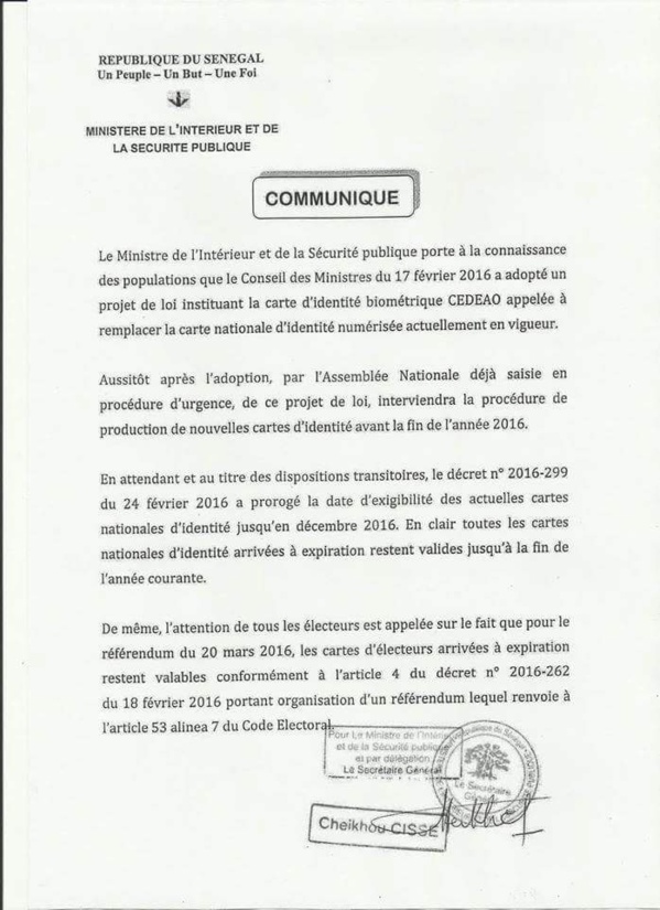 Prorogation validité des cartes nationales d'identité et Projet de la carte CEDEAO Prorogation validité des cartes nationales d'identité et Projet de la carte CEDEAO