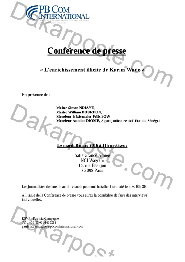 Voici l'invitation  pour la conférence de presse des avocats de l'Etat sur le dossier Karim Wade (EXCLUSIF DAKARPOSTE) Voici l'invitation  pour la conférence de presse des avocats de l'Etat sur le dossier Karim Wade (EXCLUSIF DAKARPOSTE)