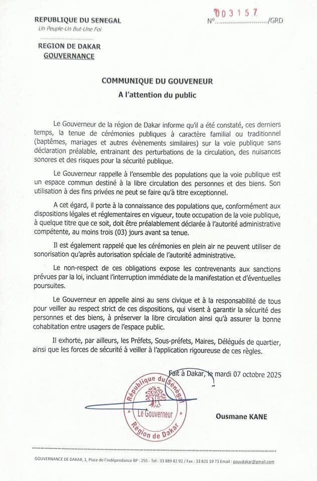 Cérémonies non autorisées sur la voie publique- Le gouverneur de Dakar siffle la fin de la récréation