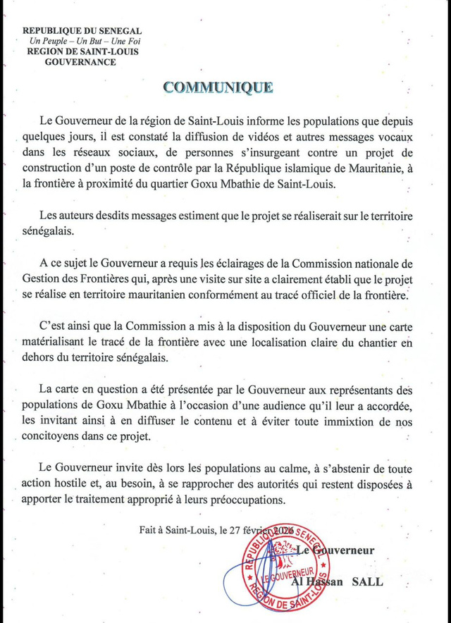 Construction d’un poste de contrôle mauritanien à proximité de  Goxu Mbathie (Saint-Louis)- Le gouverneur, Hassane Sall, dément toute incursion territoriale
