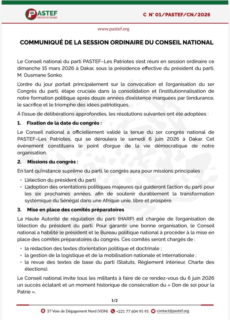 🚨Le 1er congrès national de PASTEF–Les Patriotes  se déroulera le samedi 6 juin 2026 à Dakar 