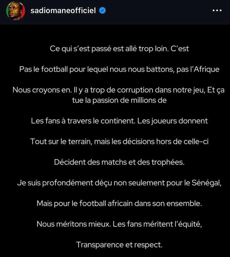 Le jury d'appel de la CAF déclare le Maroc vainqueur de la finale, Sadio Mané réagit Le jury d'appel de la CAF déclare le Maroc vainqueur de la finale, Sadio Mané réagit