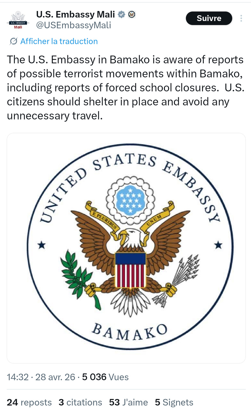 Alerte sécuritaire à Bamako : L'ambassade des États-Unis craint des « mouvements terroristes »