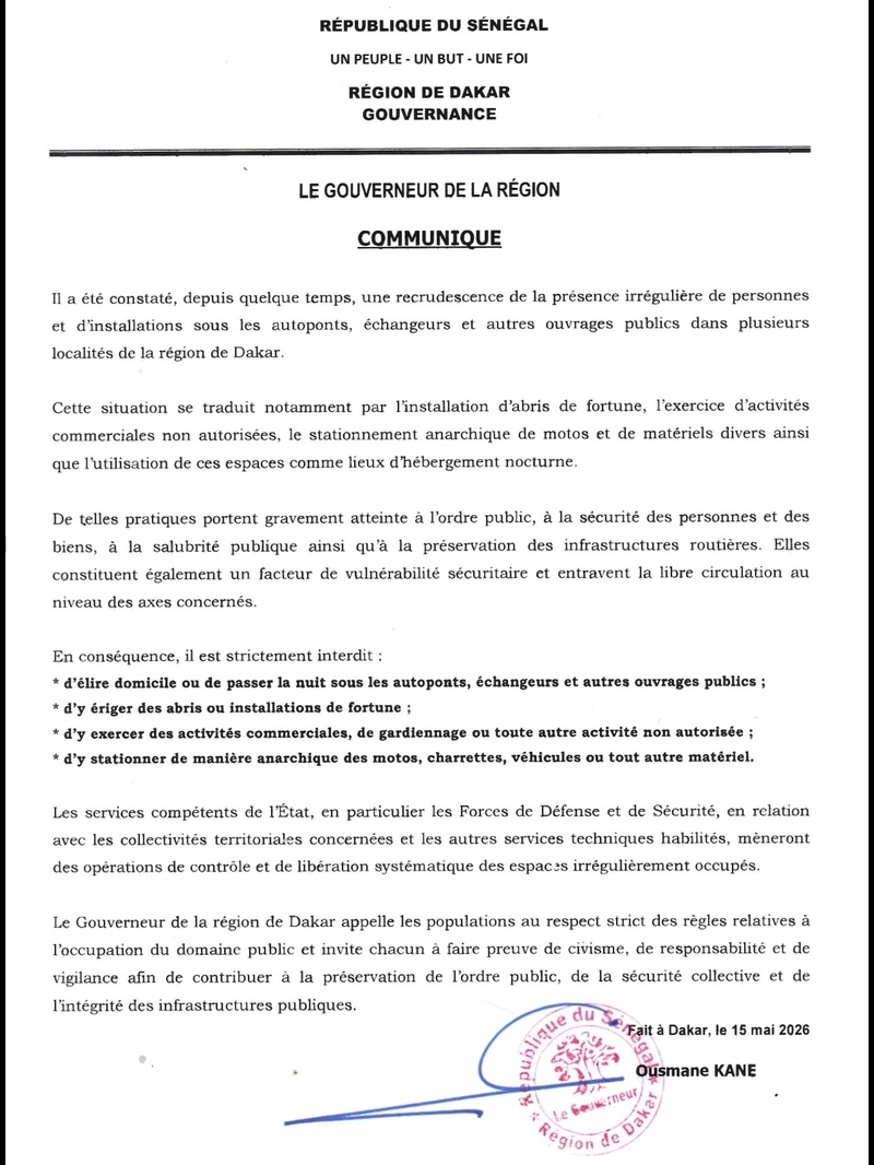 Communiqué du Gouverneur de la Région de Dakar sur l’installation anarchique sous les autoponts et autres ouvrages publics