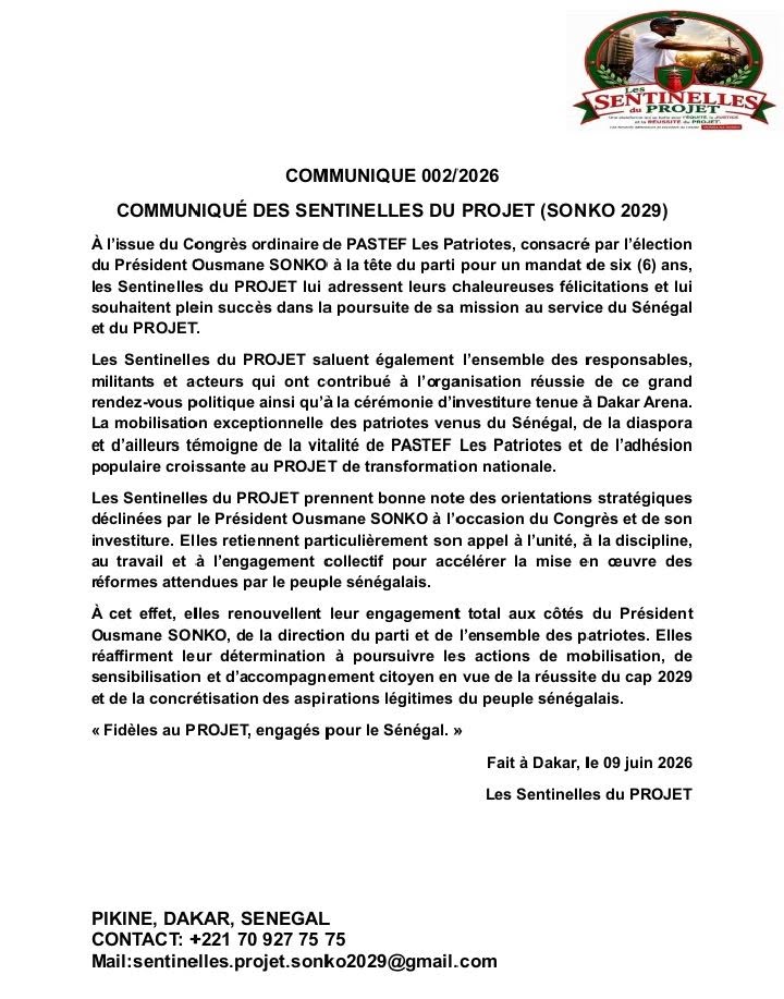 Les Sentinelles du PROJET réaffirment leur engagement derrière le Président Ousmane SONKO (COMMUNIQUÉ)