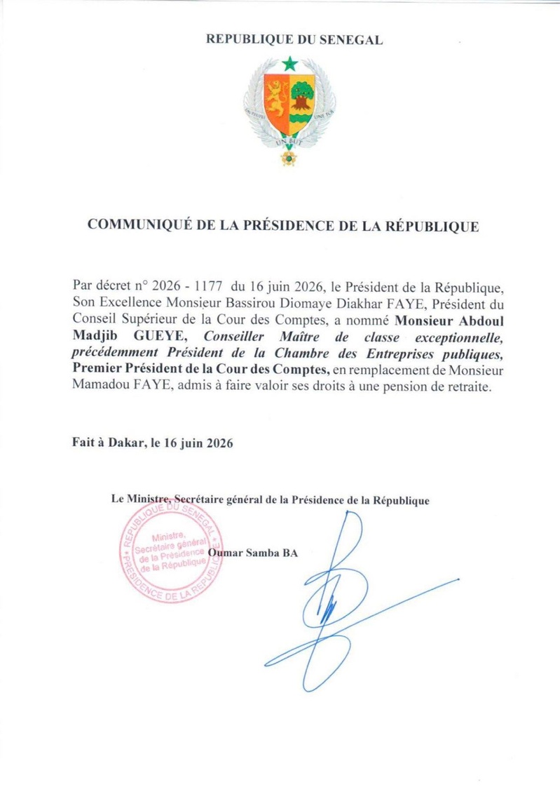 Le président Bassirou Diomaye Faye nomme le nouveau Premier président de la Cour des Comptes du Sénégal Le président Bassirou Diomaye Faye nomme le nouveau Premier président de la Cour des Comptes du Sénégal