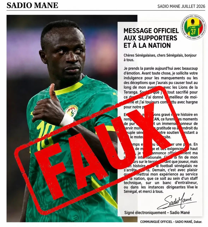 Fact-check : Le communiqué annonçant la retraite internationale de Sadio Mané est faux