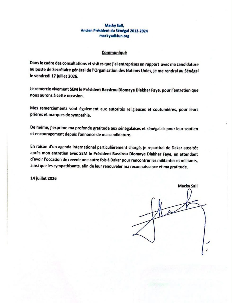 Message du candidat Macky Sall au poste de Sg des Nations-Unies : Visite de consultation au Sénégal et remerciements à la Nation