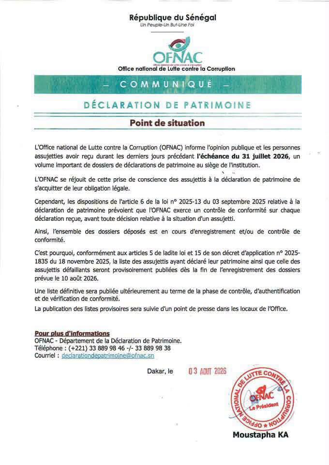 Transparence publique : L'Office National de Lutte contre la Fraude et la Corruption s’apprête à dévoiler les listes d’assujettis
