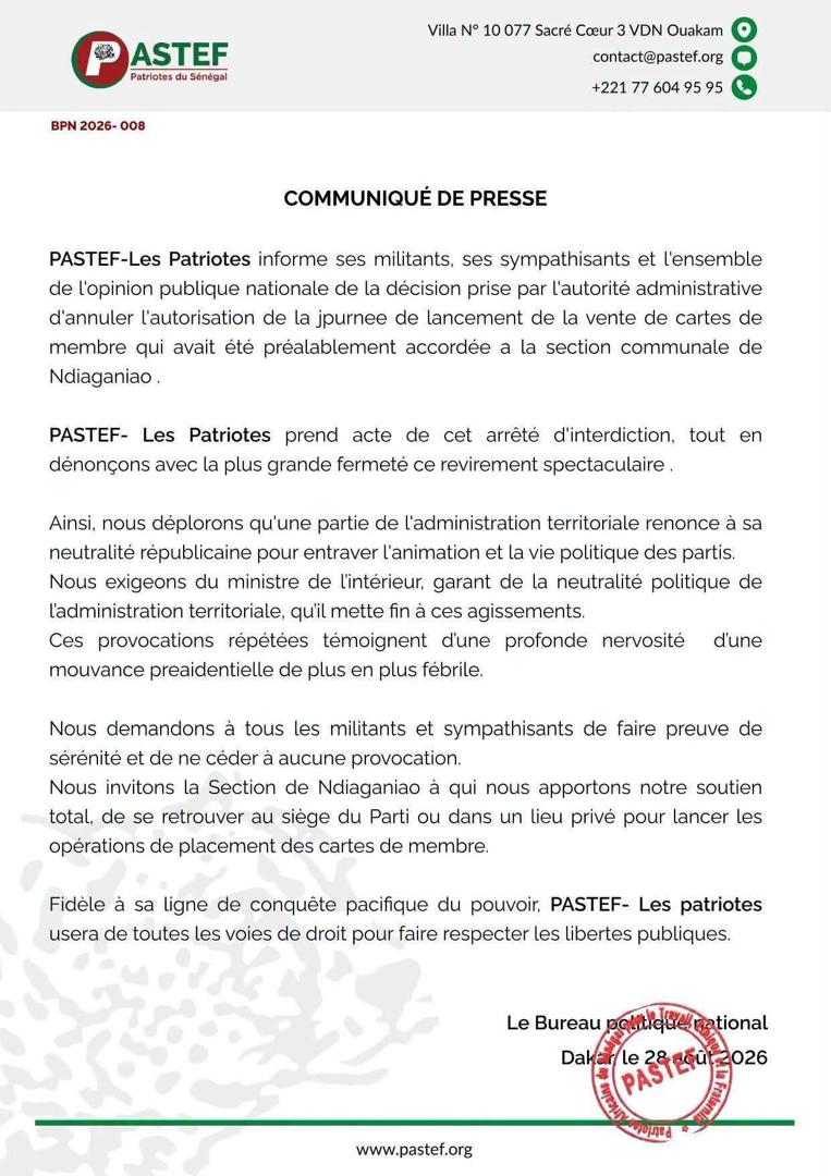 Le bras de fer politique s'intensifie : PASTEF défie l'interdiction administrative dans le fief présidentiel de Ndiaganiao