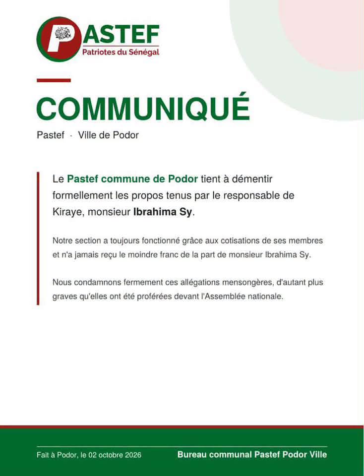 URGENT-  PASTEF Podor désavoue Ibrahima Sy et dément ses « largesses » financières