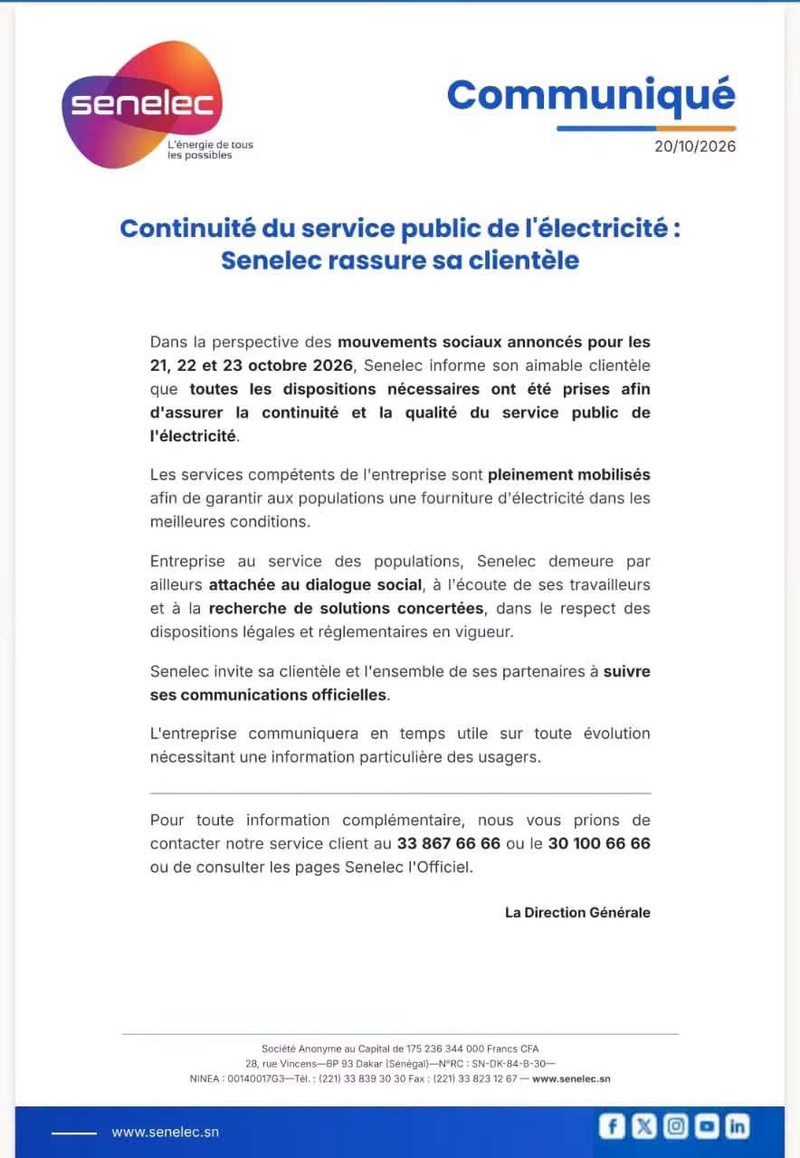 Senelec face à la grève annoncée des 21, 22 et 23 octobre : la Direction rassure et promet la continuité du service