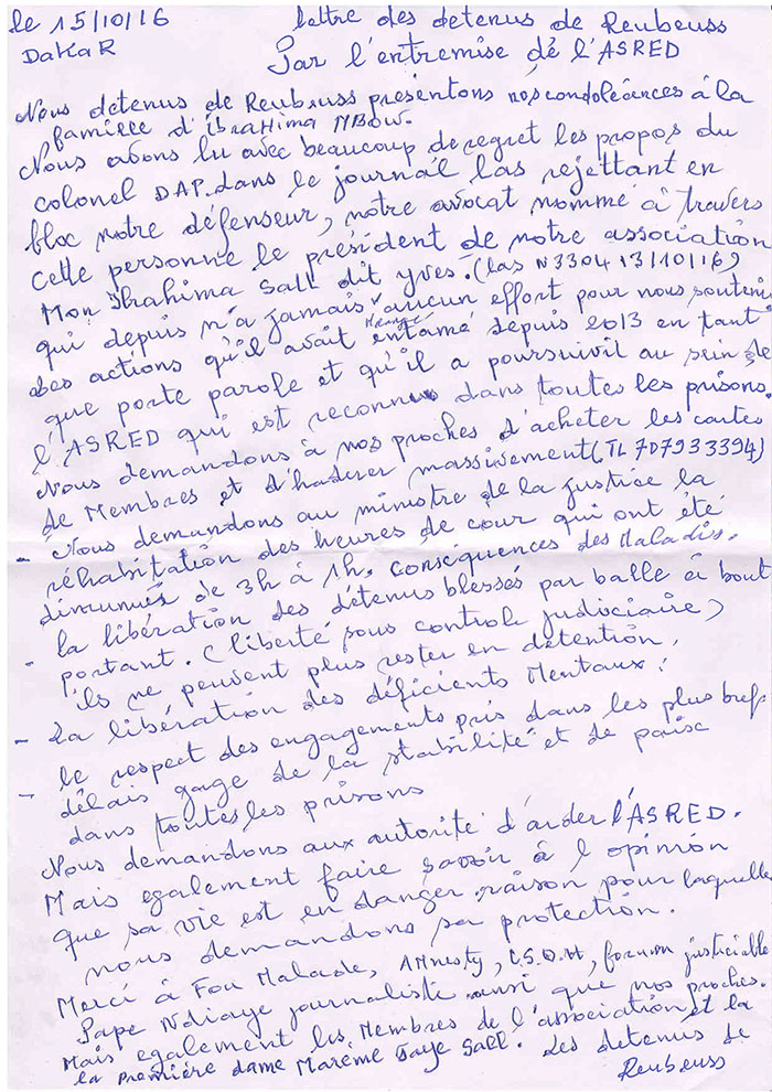 VOICI LA LETTRE ÉCRITE PAR LES DÉTENUS DE REBEUSS POUR RÉCLAMER DE MEILLEURES CONDITIONS D’EXISTENCE VOICI LA LETTRE ÉCRITE PAR LES DÉTENUS DE REBEUSS POUR RÉCLAMER DE MEILLEURES CONDITIONS D’EXISTENCE
