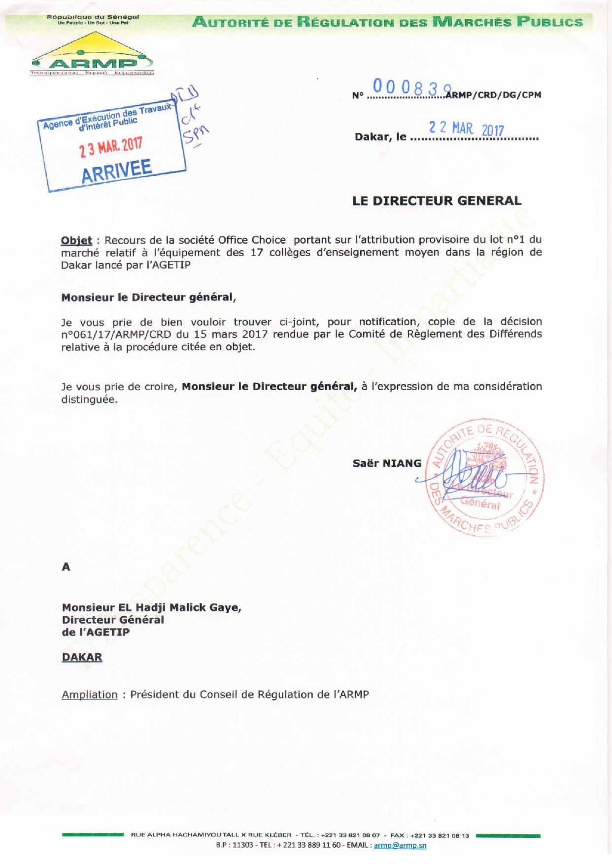 AGETIP Office Choice, L'ARMP a tranché l'appel d'offres relatif à l'équipement de 17 collèges de Dakar