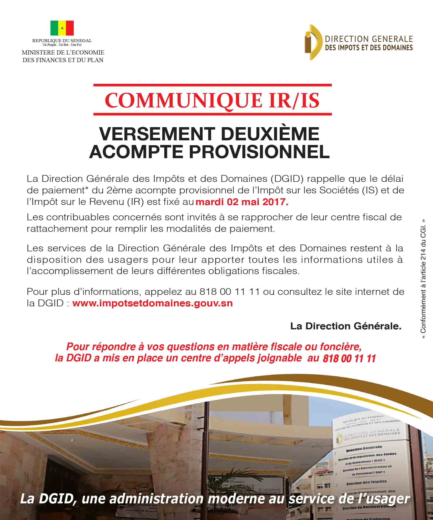 Versement deuxième acompte provisionnel
