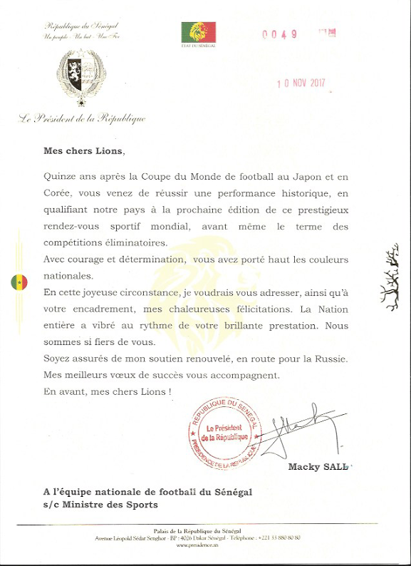 Qualification au mondial 2018: Macky trés content, écrit aux Lions