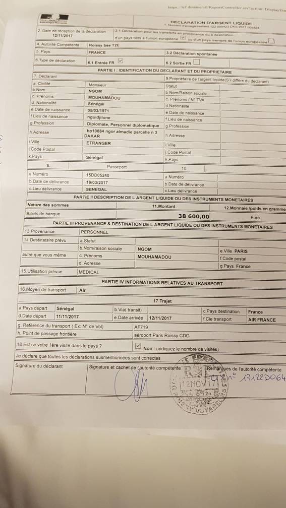 Farba Ngom avait dans ses bagages 38.600 euros (Documents)