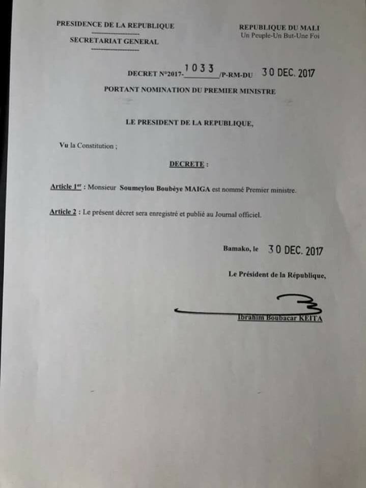 Soumeylou Boubeye Maiga est le nouveau Pm du Mali  (décret)