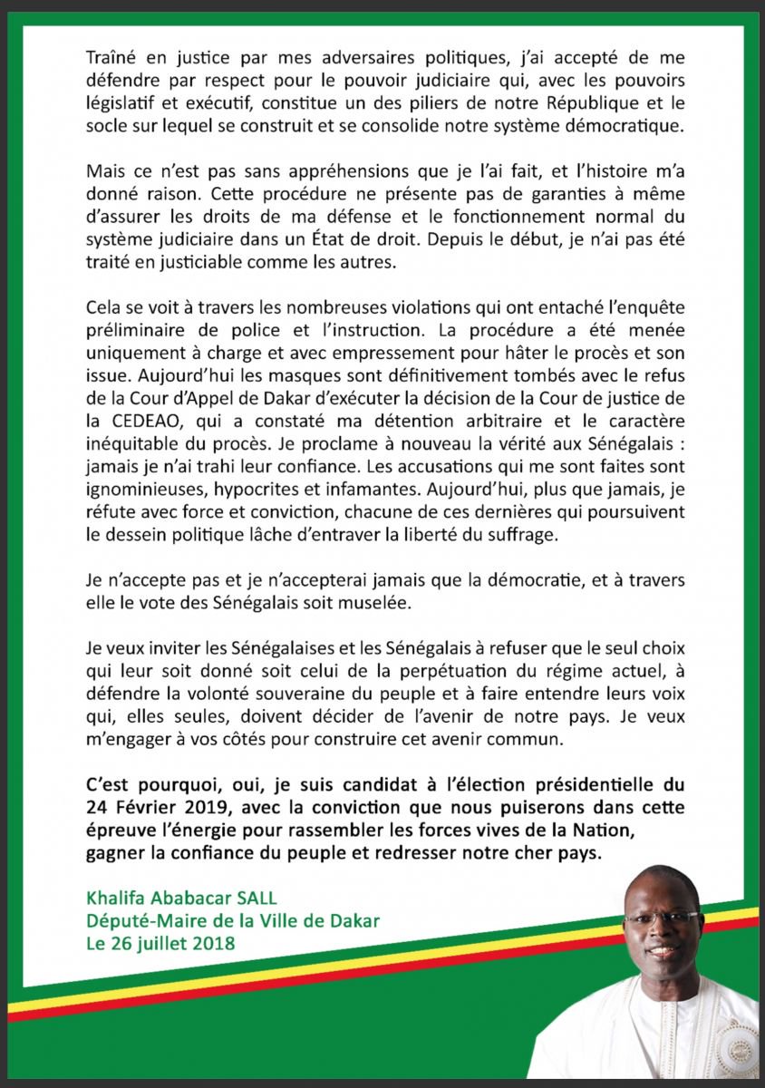 Présidentielle-2019 : Khalifa Sall annonce sa candidature