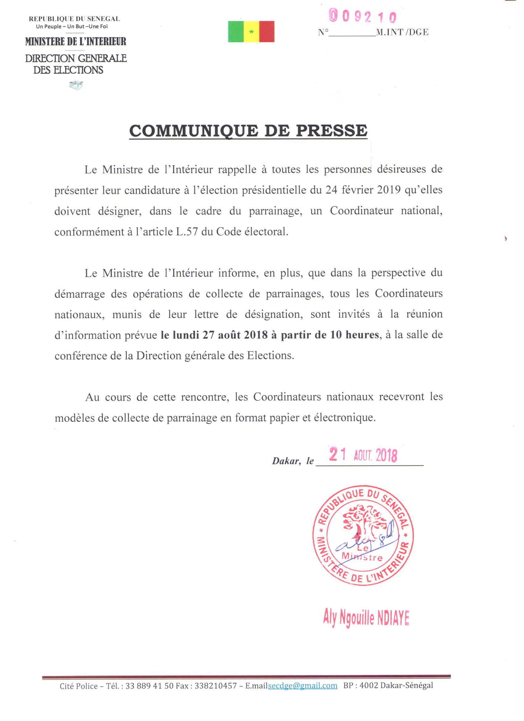 Collecte pour le parrainage : Le ministre de l’Intérieur appelle les candidats à avoir des coordonnateurs nationaux (DOCUMENT)