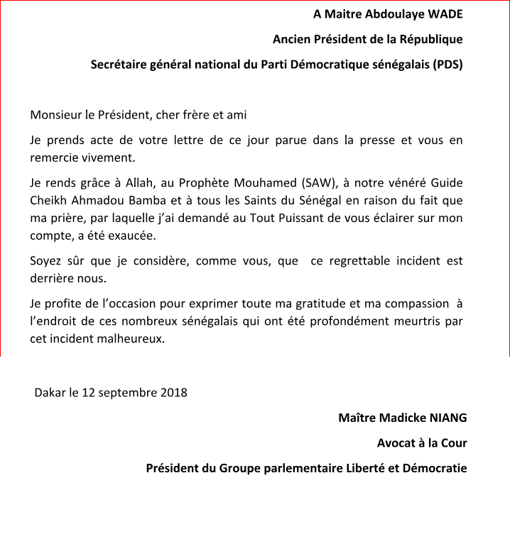 LETTRE OUVERTE : Me Madické Niang accepte les excuses de Me Abdoulaye Wade