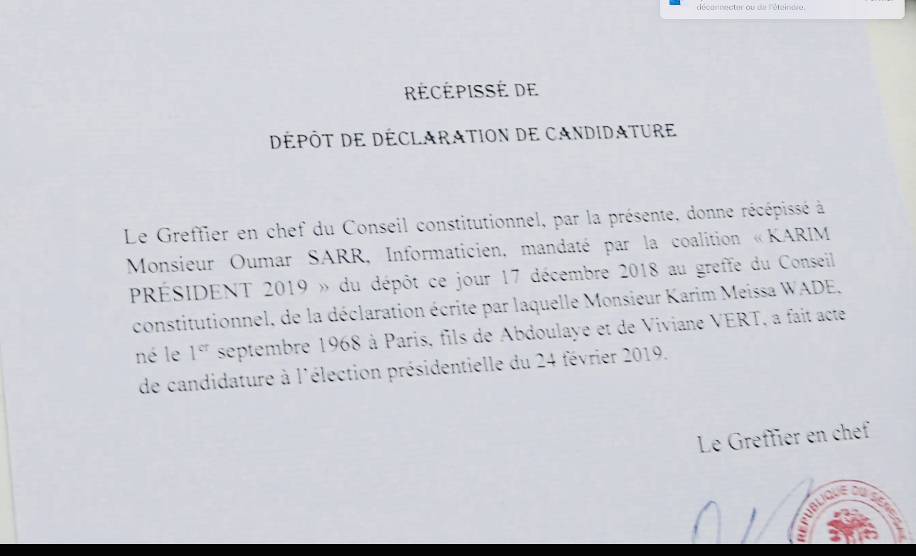 Conseil constitutionnel : Karim Wade obtient son récépissé de déclaration de candidature