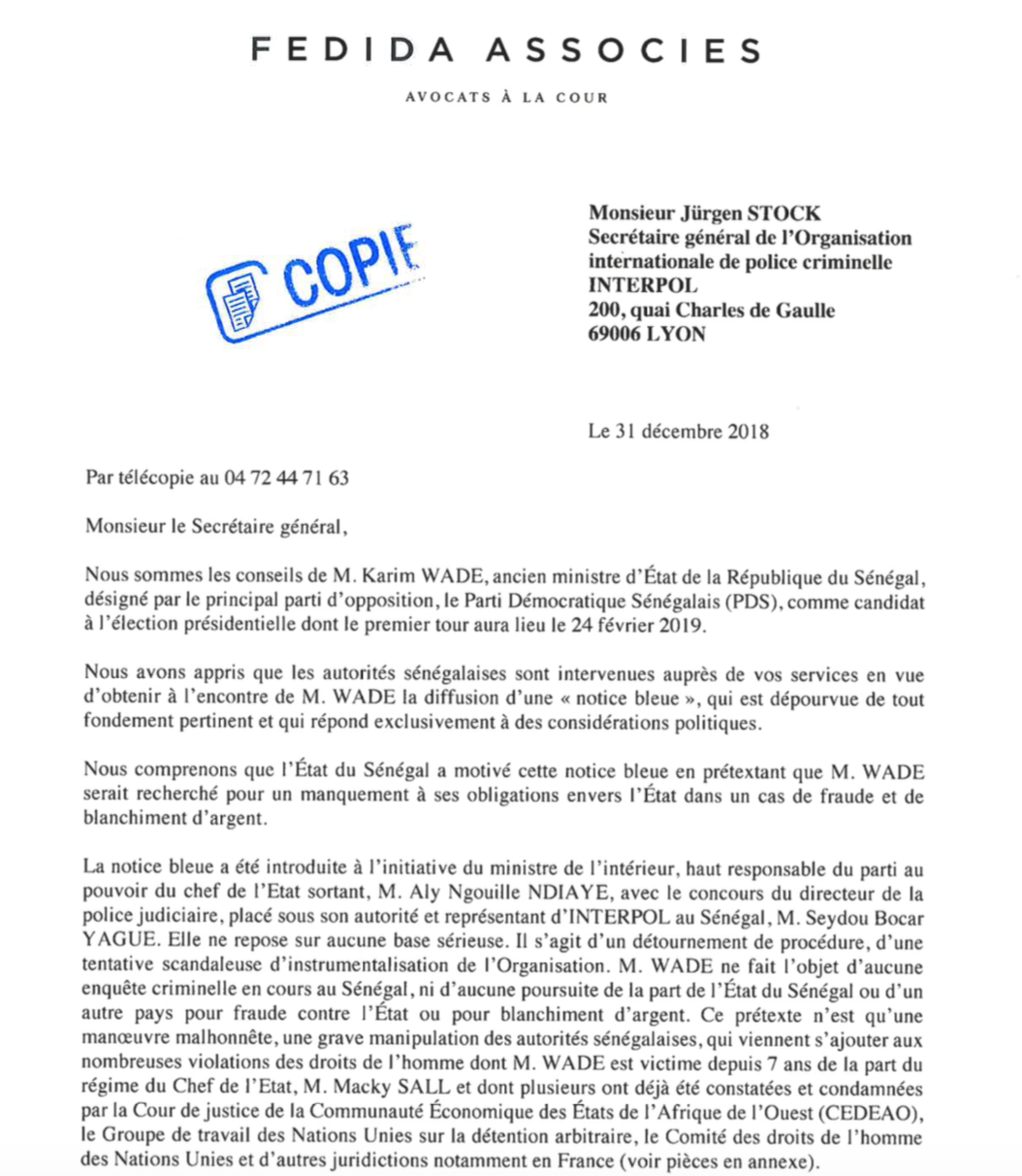 Les avocats de Karim Wade saisissent Interpol par voie épistolaire