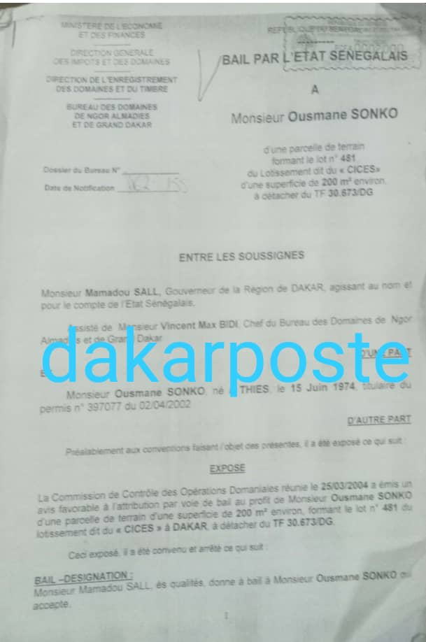 Ce bail que le candidat à la Présidentielle, Ousmane Sonko a "oublié" de...déclarer