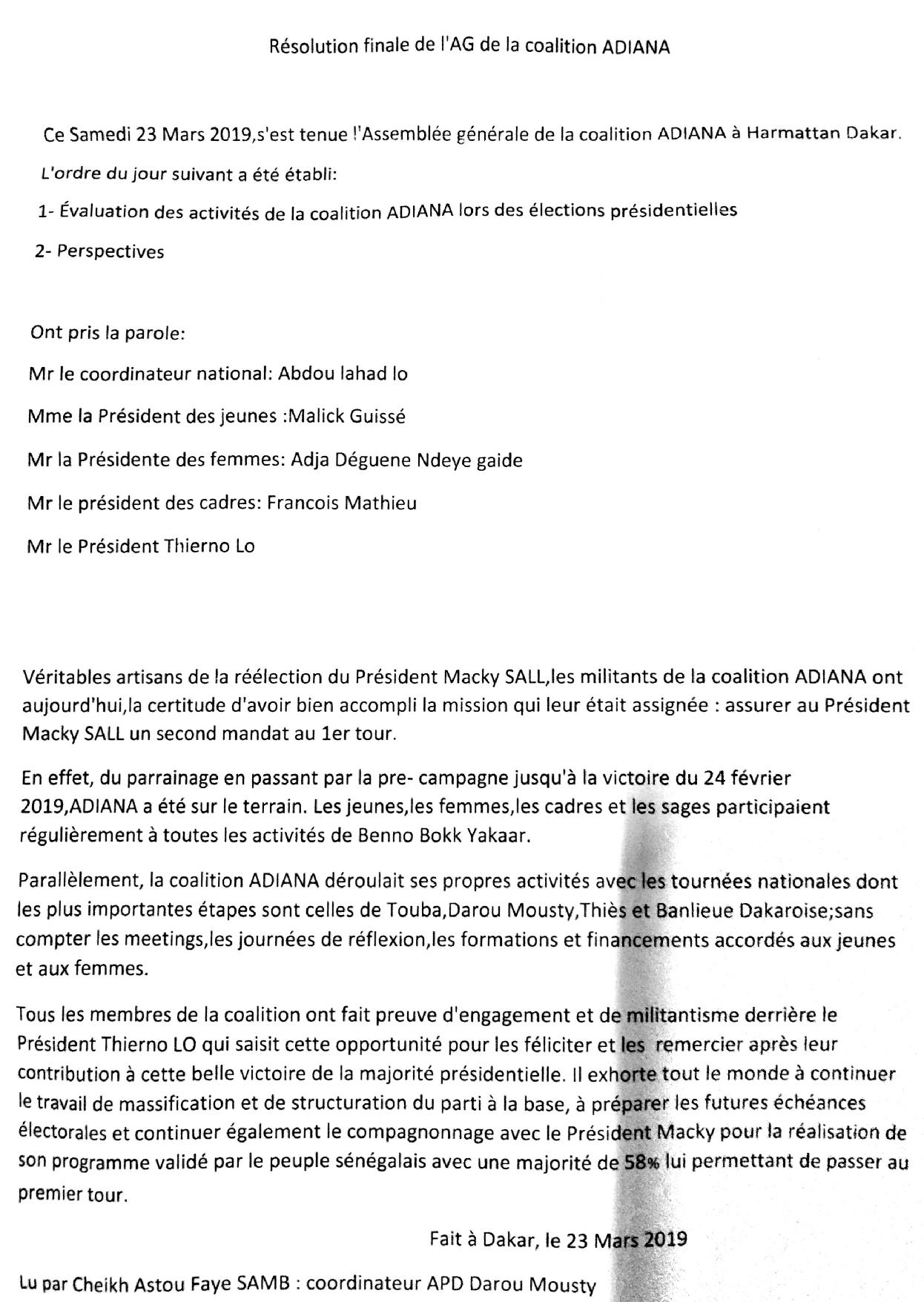 Assemblee generale de la coalition ADIANA de thierno lo (resolution finale)