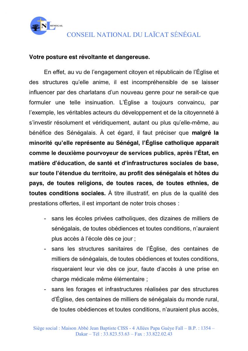 Port du voile : la réponse sèche des "laïcs de l'Église" à Mamadou Talla