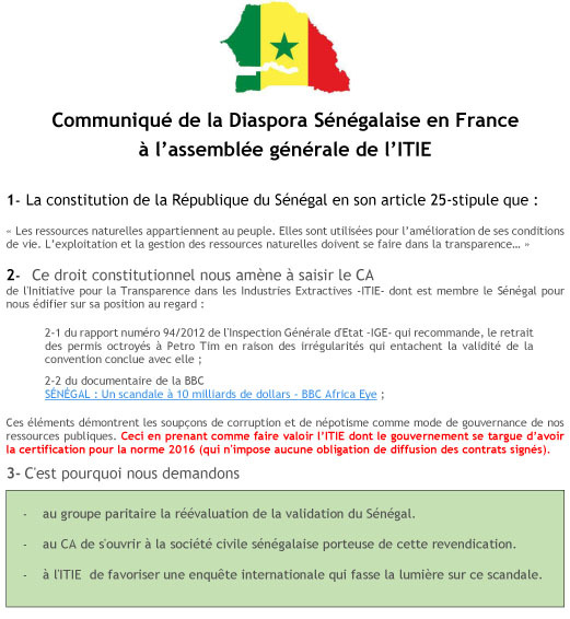 Paris : scandale à 10 milliards $ au Sénégal,  Le président du conseil d'administration de l'Itie dément le gouvernement.