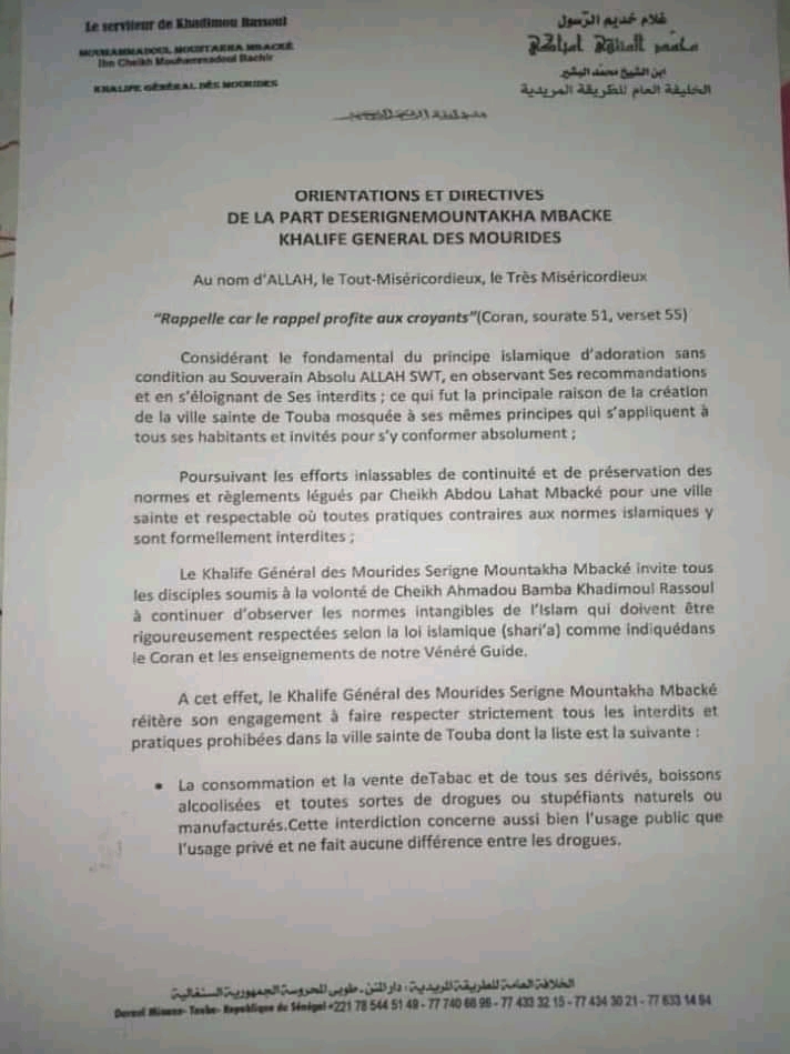 Voici les orientations et directives du khalif général des mourides, Serigne Mountakha Mbacké !