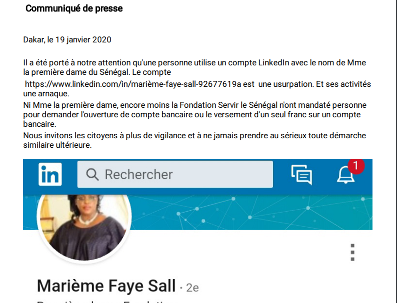 Un arnaqueur se fait passer pour la Première dame sur Linkedin Un arnaqueur se fait passer pour la Première dame sur Linkedin