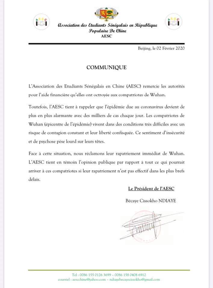 Coronavirus à Wuhan, épicentre de l'épidémie- Le cri de détresse des étudiants Sénégalais, qui réclament, encore, leur rapatriement (document)