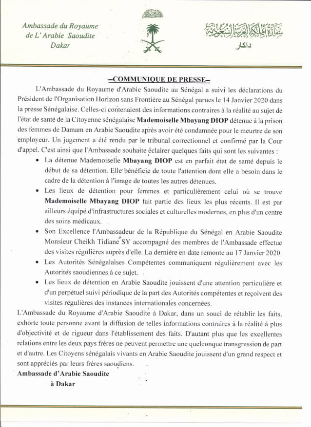 COMMUNIQUE DE PRESSE: L'Ambassade du Royaume d'Arabie Saoudite au Sénégal a suivi les déclarations du Président de l'Organisation Horizon sans Frontière au Sénégal