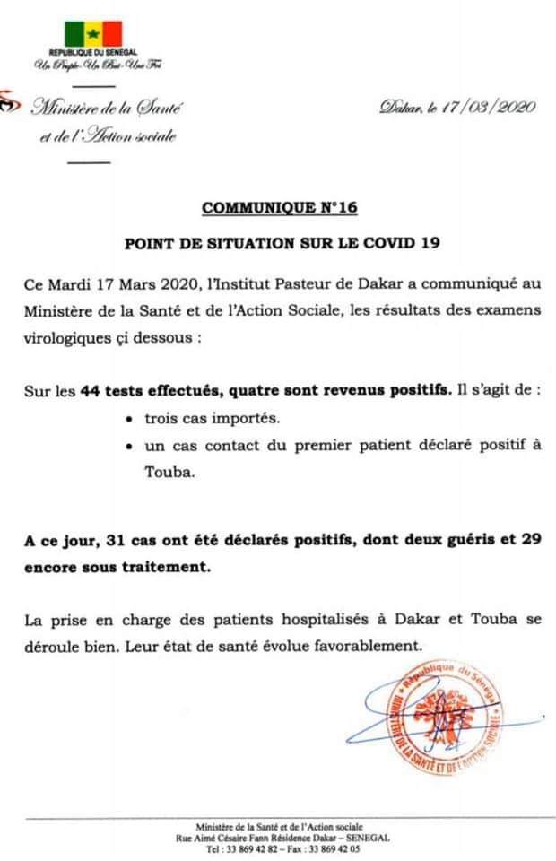Le point sur le coronavirus au Sénégal