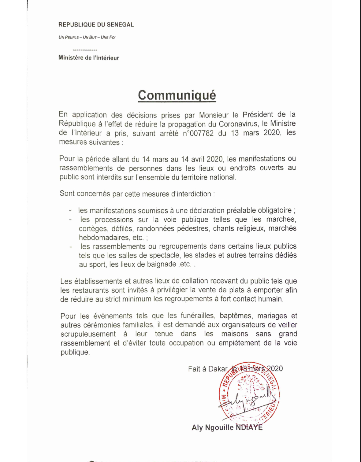 Interdiction de rassemblements : Aly Ngouille Ndiaye met en vigueur les mesures prises par le président Macky Sall (ARRÊTÉ)