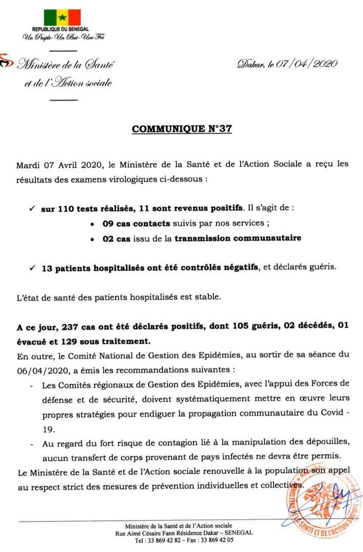 Sénégal- Encore  11 nouvelles personnes testées positifs au coronavirus