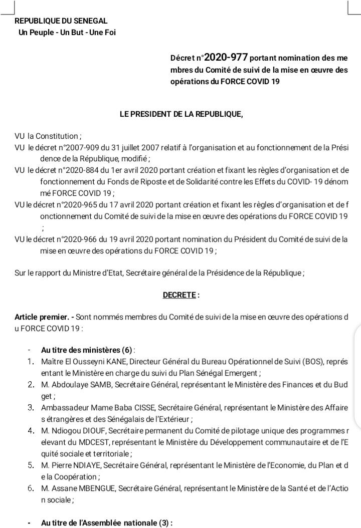 Voici le décret portant nomination des membres du Comité de suivi de la mise des opérations du Covid-19 !