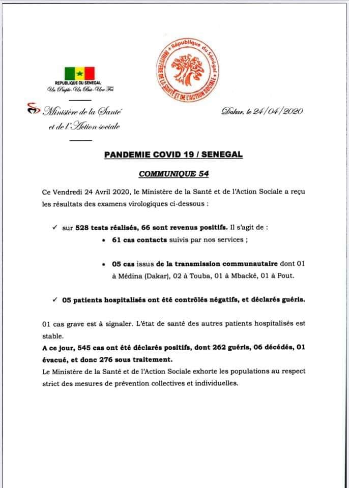 SÉNÉGAL : 66 nouveaux cas testés positifs au coronavirus, 5 nouveaux guéris.