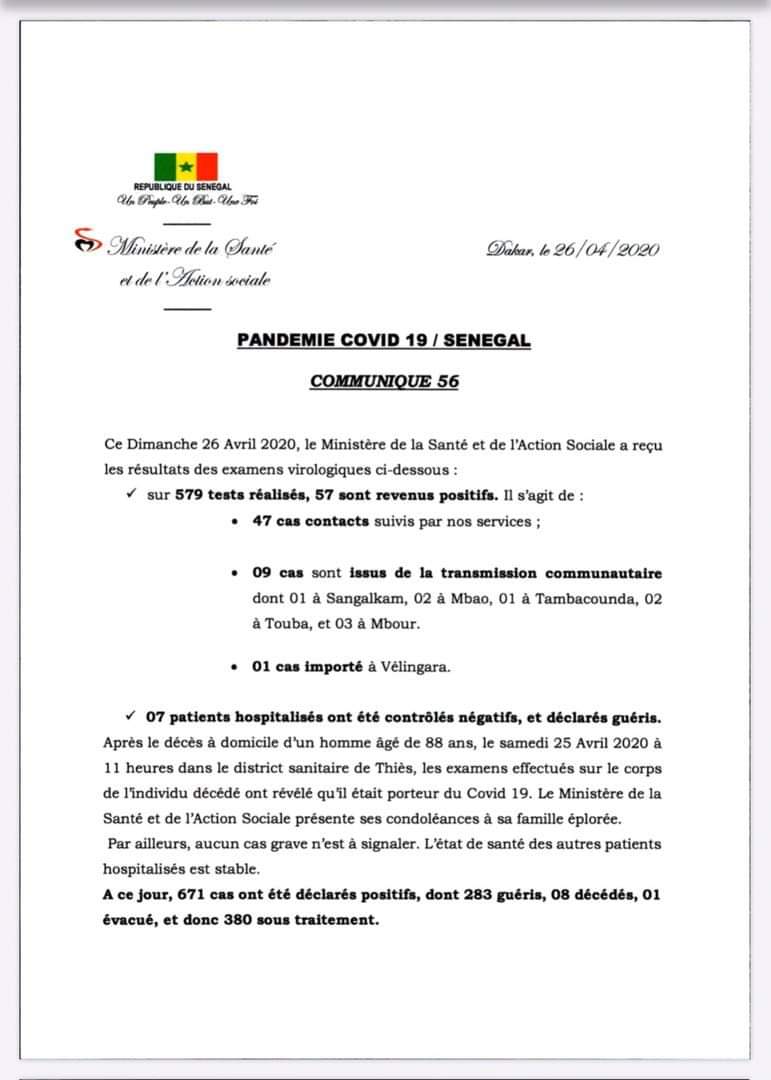 CORONAVIRUS : UN 8E DÉCÈS ENREGISTRÉ À THIÈS, 57 NOUVEAUX CAS DONT 1 IMPORTÉ