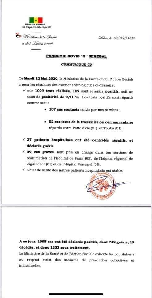 Coronavirus au Sénégal - 109 nouvelles personnes testées positives