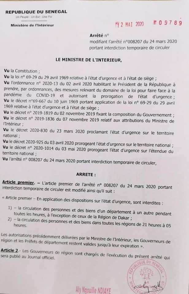 Covid-19 : Aly Ngouille Ndiaye maintient les interdictions de circulation interurbaine et fait des précisions sur les rassemblements. (ARRÊTÉ)