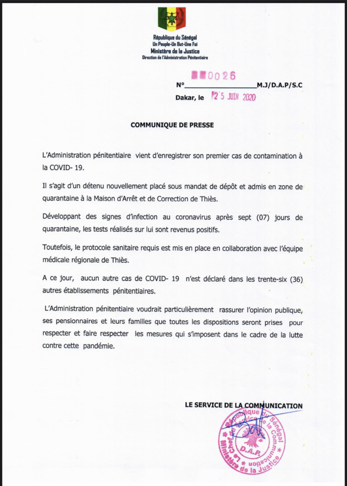 La COVID-19 touche l’administration pénitentiaire : Un détenu testé positif au coronavirus. (DOCUMENT)